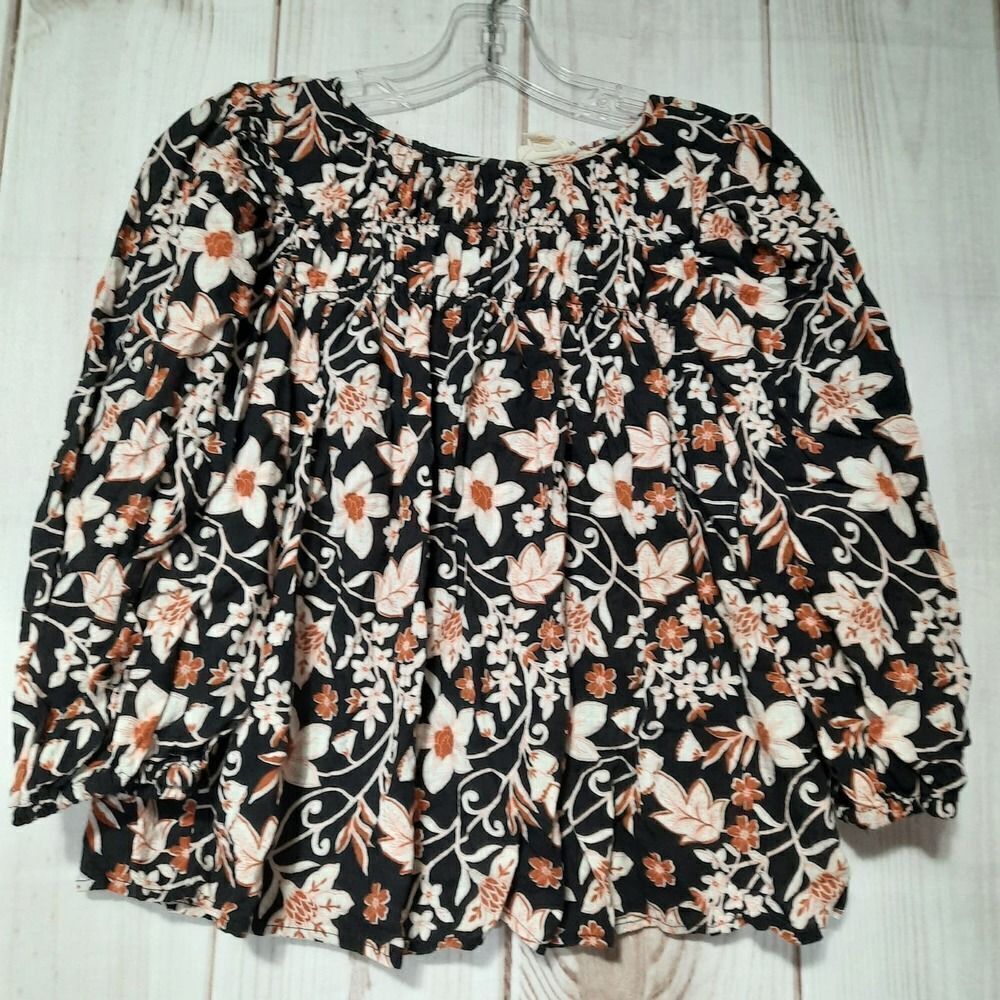 A.N.A Blouse Women's Small Petite Black Floral Print Light Weight